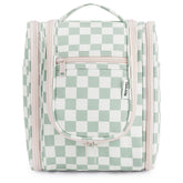 Narwey small checkered hanging toiletry bag front view keeps cosmetics organized on trips.