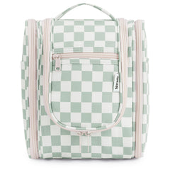 Narwey small checkered hanging toiletry bag front view keeps cosmetics organized on trips.