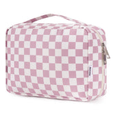 Narwey small hanging toiletry bag with dusty pink checker shows space-saving travel organization.