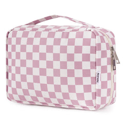 Narwey small hanging toiletry bag with dusty pink checker shows space-saving travel organization.