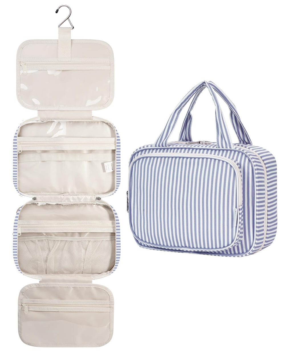Narwey striped hanging toiletry bag front view highlights compact travel-ready design