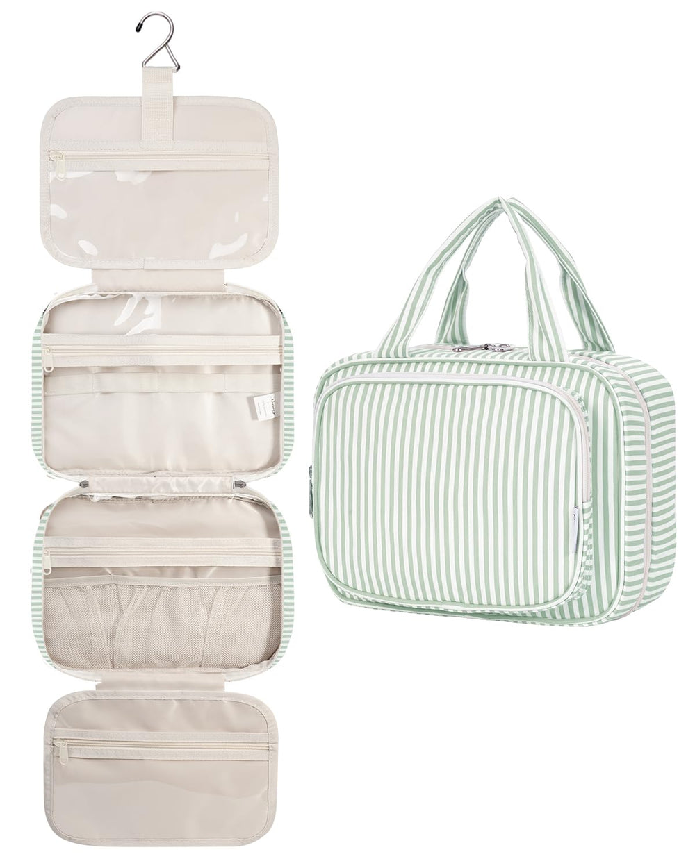 Narwey striped hanging toiletry bag with mint-green stripe, ideal for easy organization