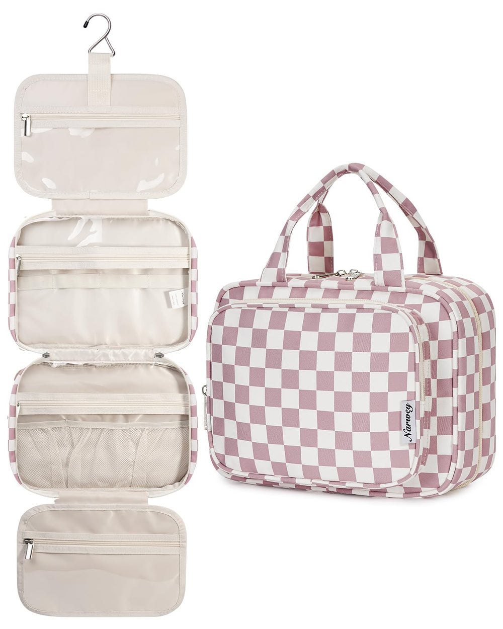 Narwey toiletry bag front view in dusty pink checkerboard for easy travel organization.