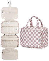 Narwey toiletry bag front view in dusty pink checkerboard for easy travel organization.