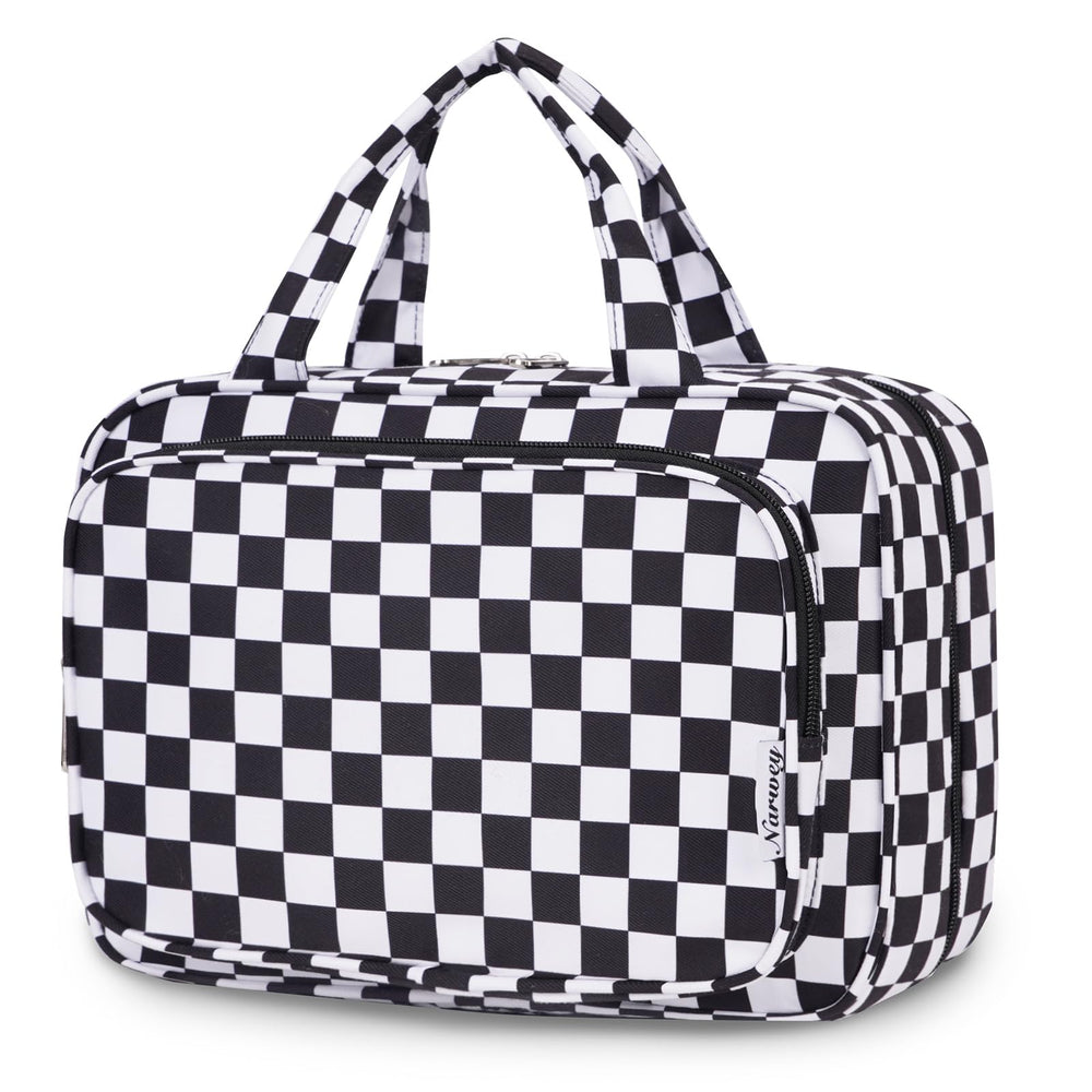 Narwey travel toiletry bag large black checkerboard front view organizes cosmetics on trips
