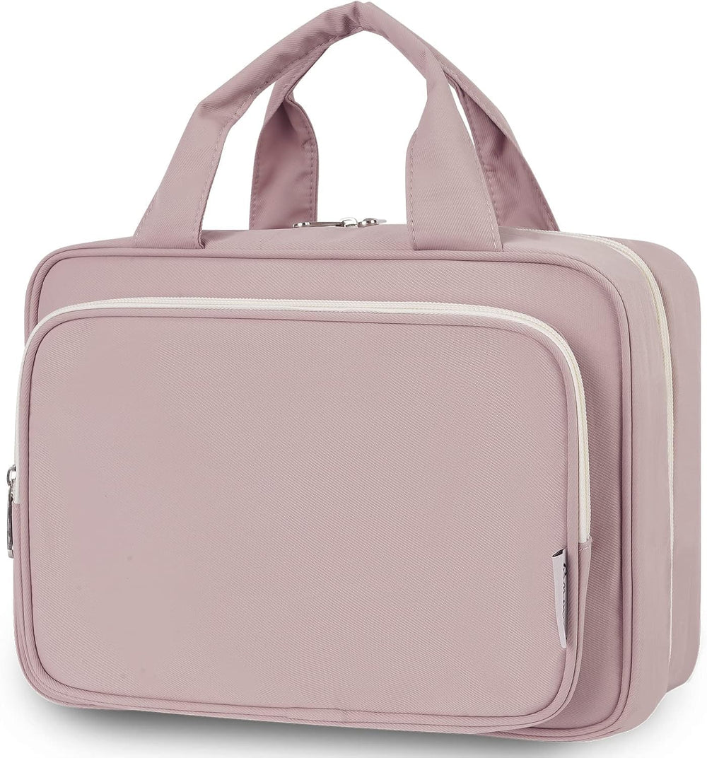Narwey travel toiletry bag large in dusty rose, open for full-size essentials.