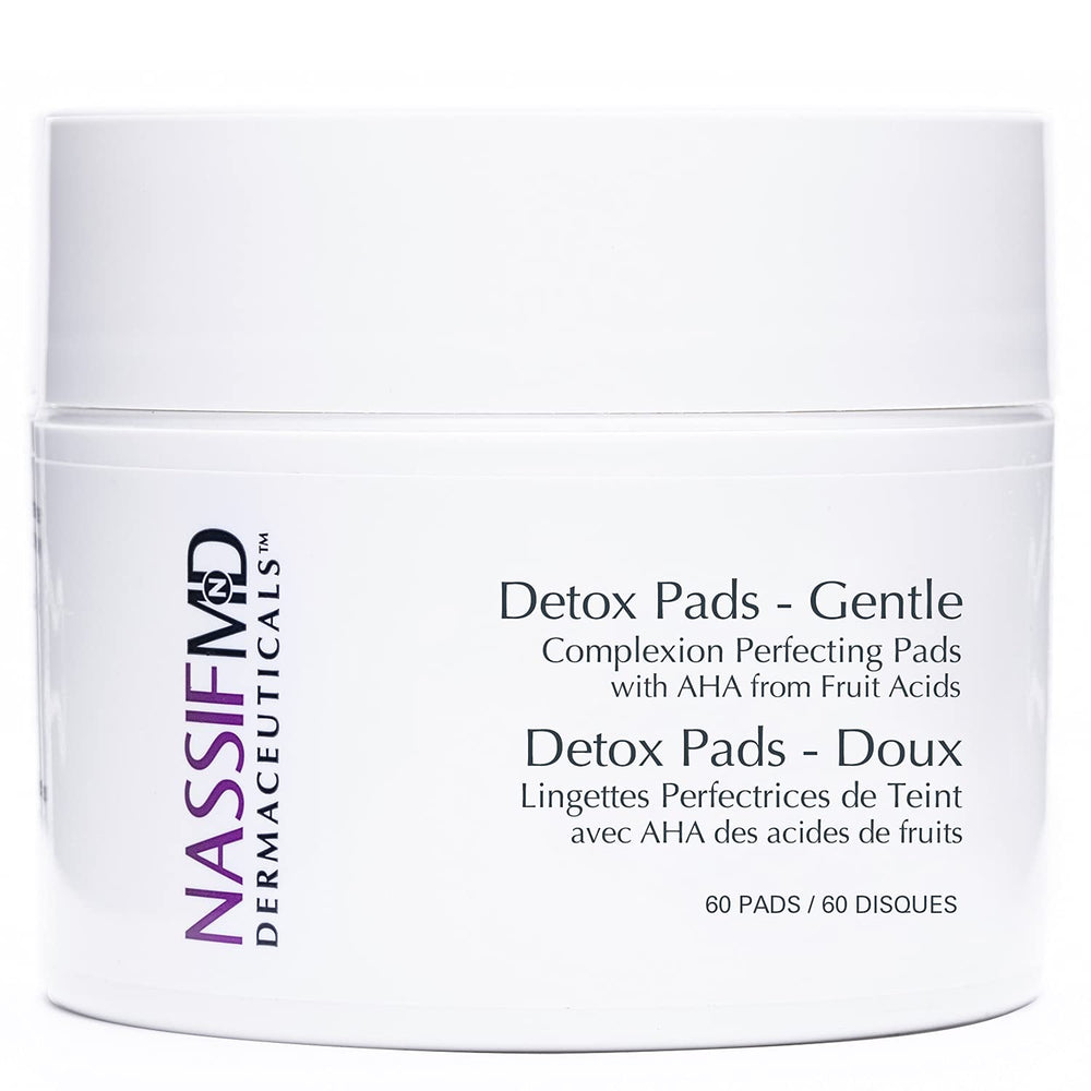 NassifMD Gentle Detox Pads packaging showcases premium, dermatologist-tested skincare.