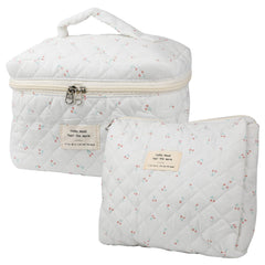 NATINSA cute makeup bag two-piece set with cherry quilted exterior for travel cosmetics organization.
