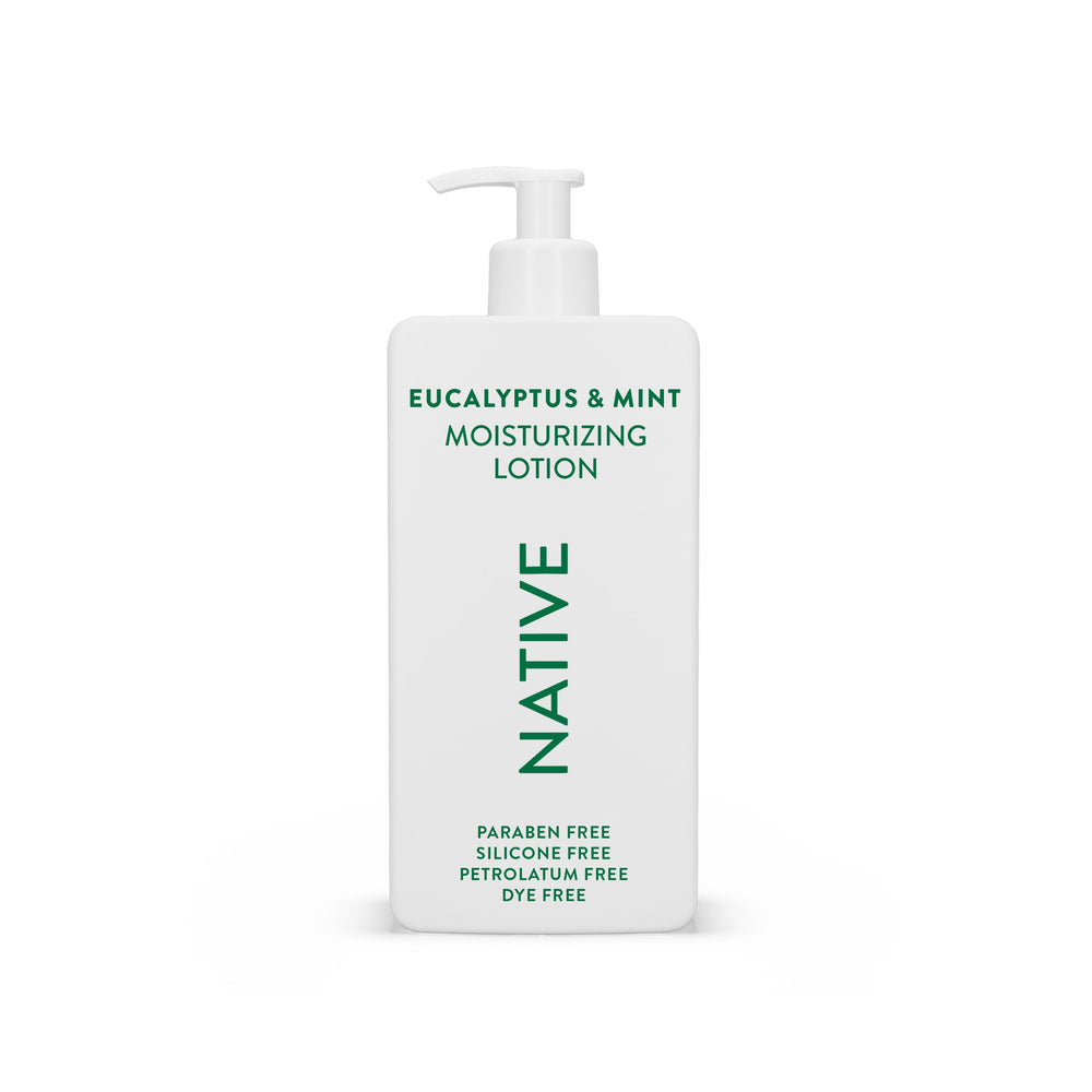 Native Body Lotion bottle highlights eucalyptus mint for refreshing hydration.