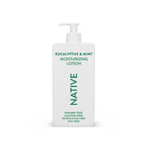 Native Body Lotion bottle highlights eucalyptus mint for refreshing hydration.