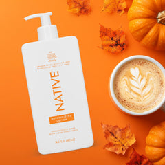 Native Body Lotion pumpkin spice latte jar close-up reveals fast-absorbing texture.