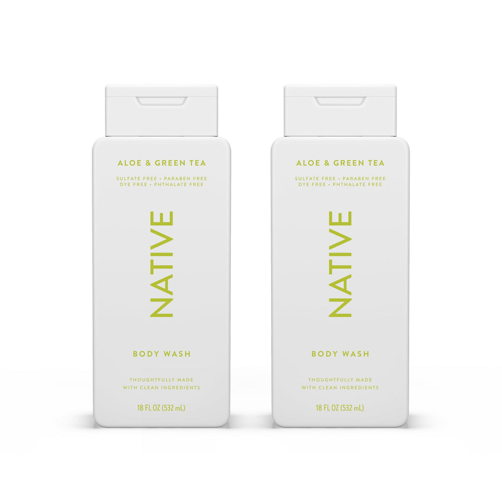 Native Body Wash bottle with Aloe & Green Tea offers gentle, hydrating cleanse.