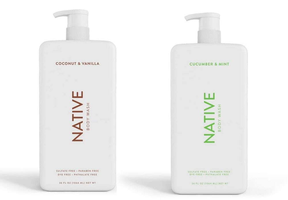 Native Body Wash coconut-vanilla bottle pump highlights a refreshing daily cleanse.