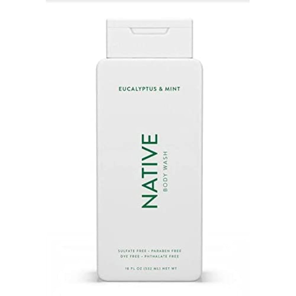 Native Body Wash Eucalyptus & Mint bottle shows hydrating formula for refreshed skin.