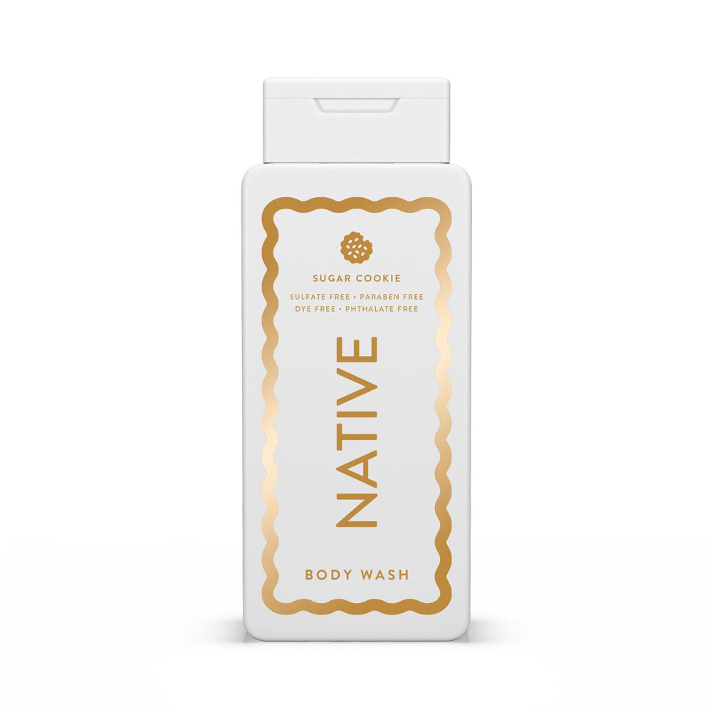 Native sugar-cookie body wash bottle with festive edition and hydrating formula.