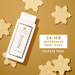 Native sugar-cookie bottle pour promotes a soothing, aromatic shower experience.