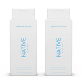 Native Body Wash powder cotton 18oz 2pk bottles promote soft, hydrated skin after shower.