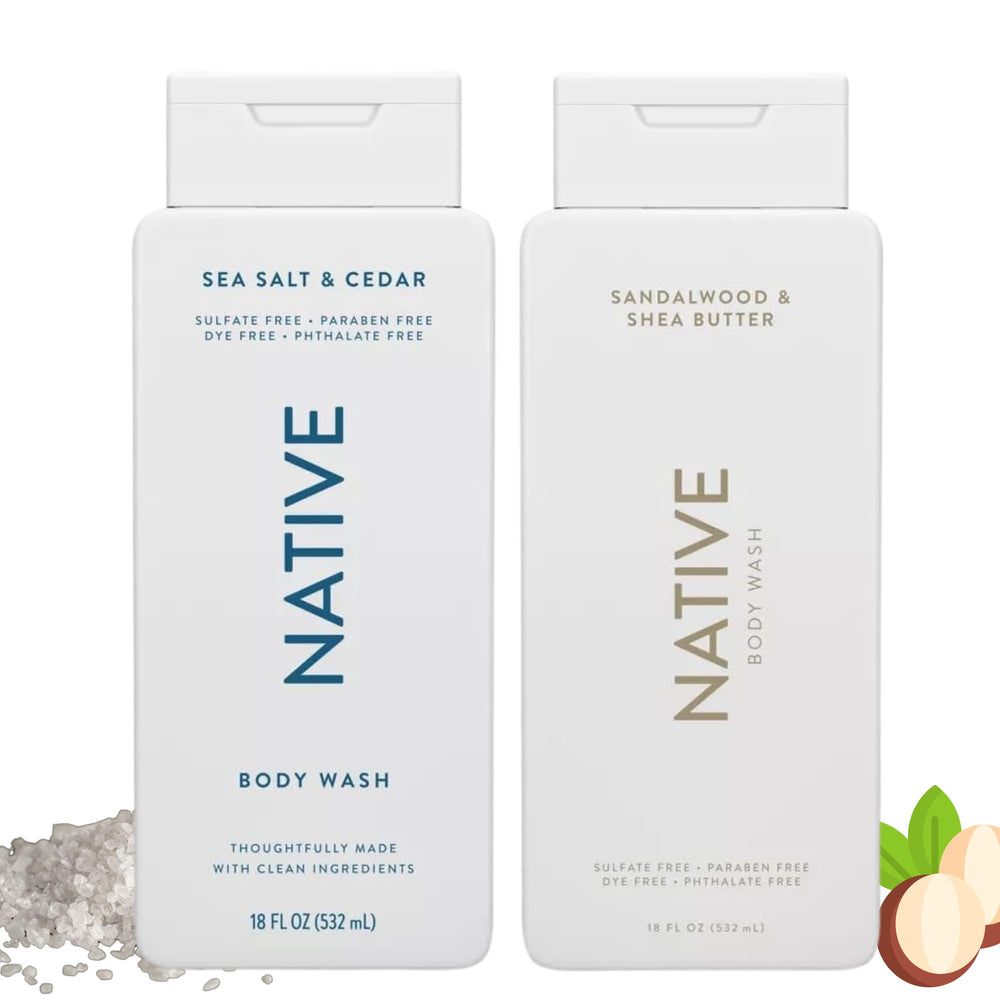Native Body Wash Sandalwood-Shea Butter bottle delivers soothing hydration for daily use