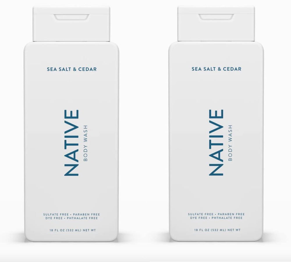 Native body wash Sea Salt Cedar bottle highlights 18 oz size for daily cleansing