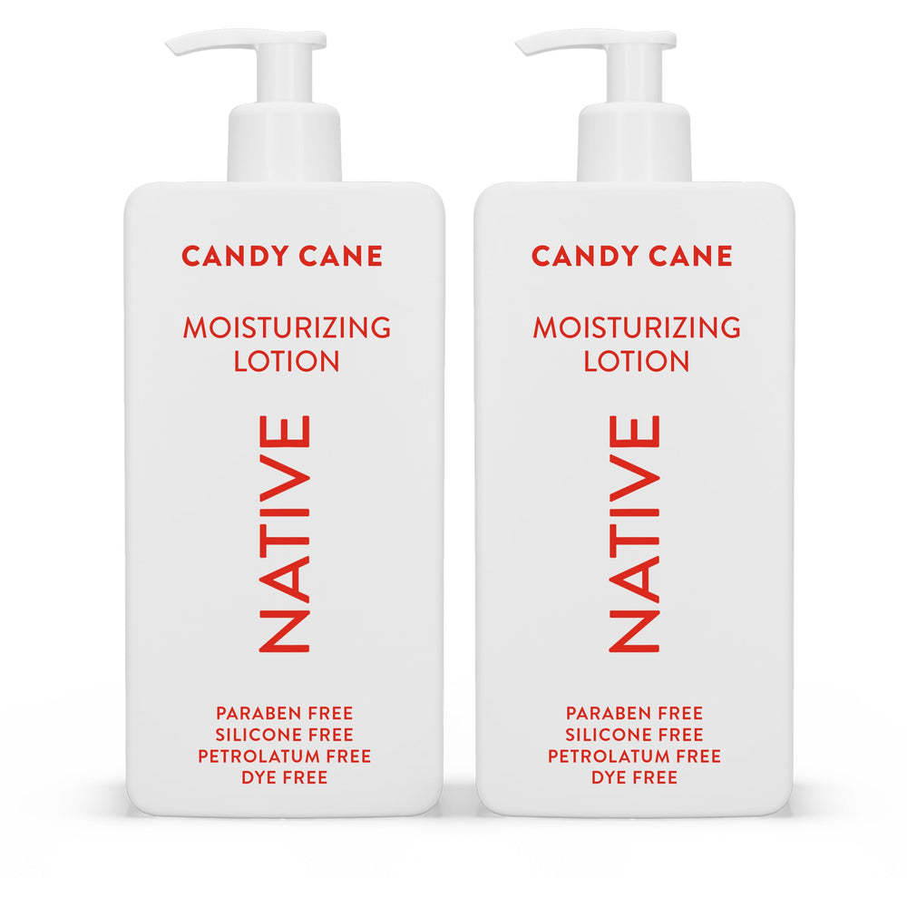 Native Candy Cane lotion bottle showing silicone-free hydration for all-day softness.