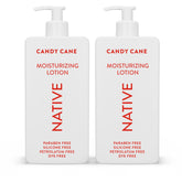 Native Candy Cane lotion bottle showing silicone-free hydration for all-day softness.