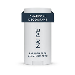Native Charcoal Deodorant bottle closeup with ocean-fresh scent and mineral notes