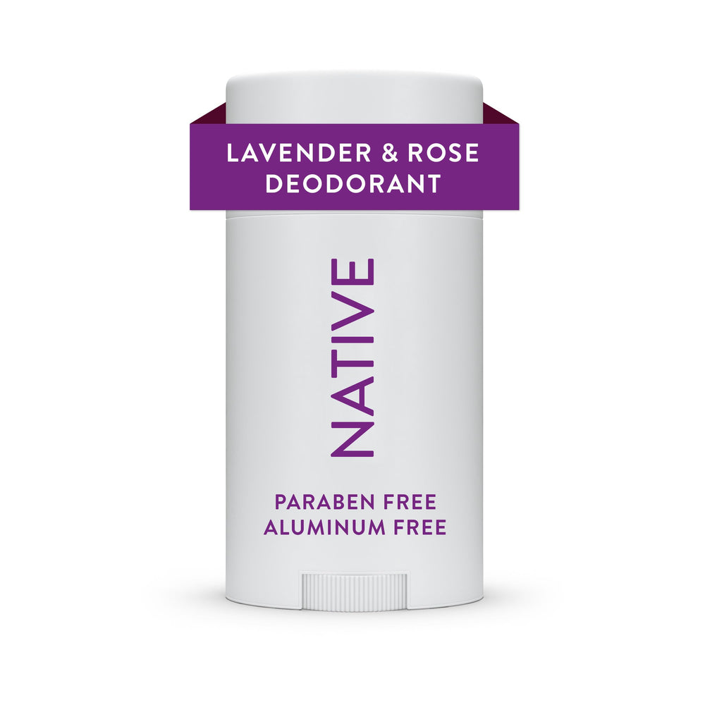 Native Lavender Rose deodorant bottle shows aluminum-free formula for long-lasting odor control.