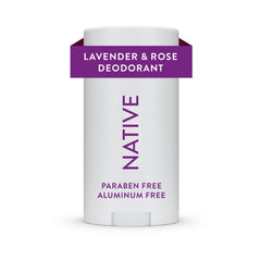 Native Lavender Rose deodorant bottle shows aluminum-free formula for long-lasting odor control.