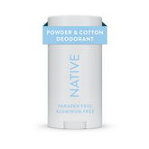 Native Deodorant powder-cotton packaging shows aluminum-free formula for long-lasting freshness.