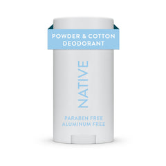 Native Deodorant powder-cotton packaging shows aluminum-free formula for long-lasting freshness.