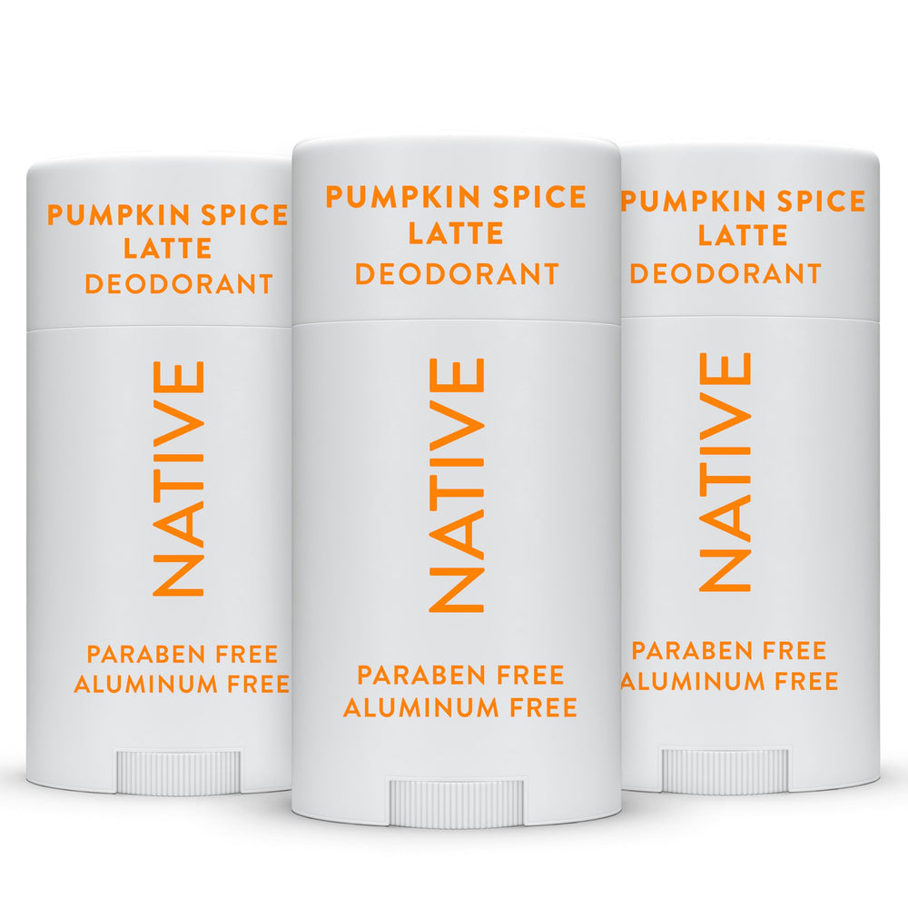Native pumpkin spice deodorant 3-pack image shows smooth application and odor control