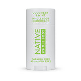 Native deodorant stick packaging front shows cucumber mint freshness