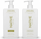Native Desert Grass and Sandalwood shampoo bottle front shows sulfate-free cleansing for gentle daily use