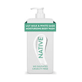 Native Lily Milk & White Sage bottle on a bathroom shelf signals 24-hour hydration.