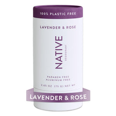 Native lavender-rose deodorant with plastic-free packaging delivering day-long odor protection.