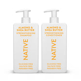 Native shampoo almond-shea-butter bottle provides gentle cleansing for all hair types.
