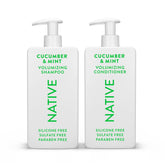 Native Shampoo cucumber mint bottle showcases refreshing cleanse for fuller, shinier hair.