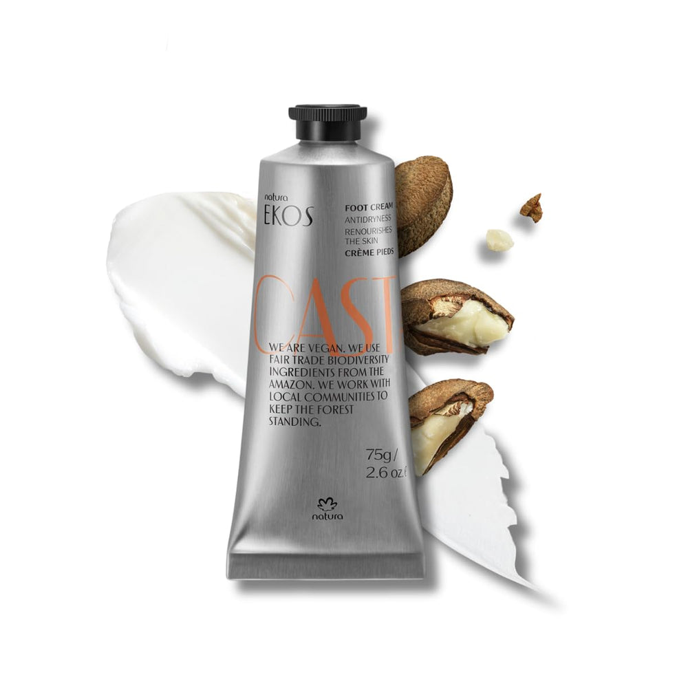 Natura Brazil Nut Foot Cream packaging highlights vegan formula for deep hydration.