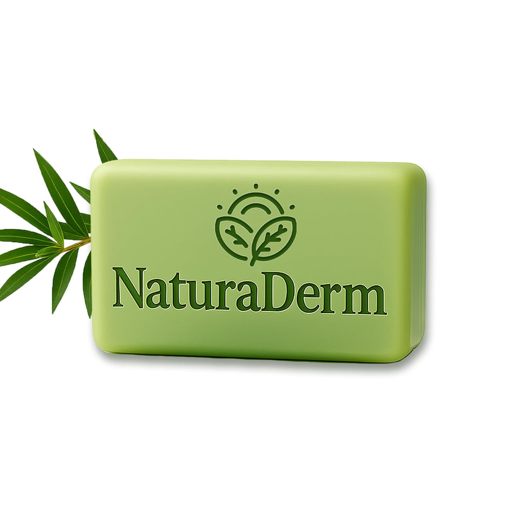 Natura Derm Tea Tree Face Soap bar closeup for refreshing cleanse on sensitive skin.