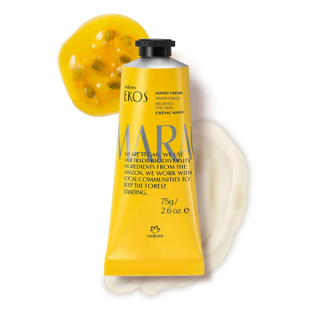 Natura Passion Fruit Hand Cream bottle close-up shows fast-absorbing hydration.