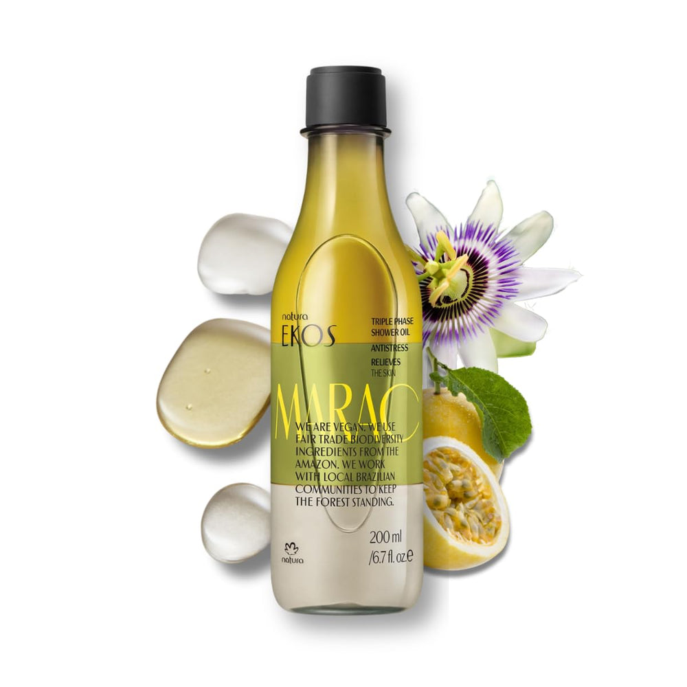 Natura Passion Fruit triple phase oil bottle pour for quick hydration and silky finish.