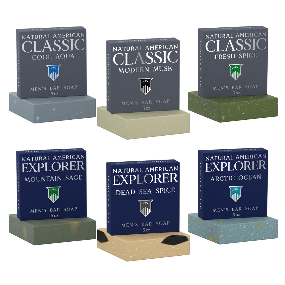 Natural American Men’s Soap six-pack packaging highlights premium natural ingredients for daily grooming.