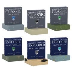 Natural American Men’s Soap six-pack packaging highlights premium natural ingredients for daily grooming.
