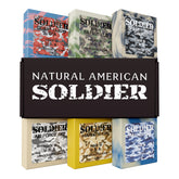 NATURAL AMERICAN SOLDIER packaging highlights handmade USA quality for grooming.