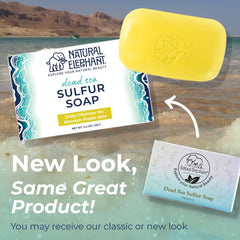 Natural Elephant Dead Sea sulfur soap bar on shelf ready for daily cleansing.