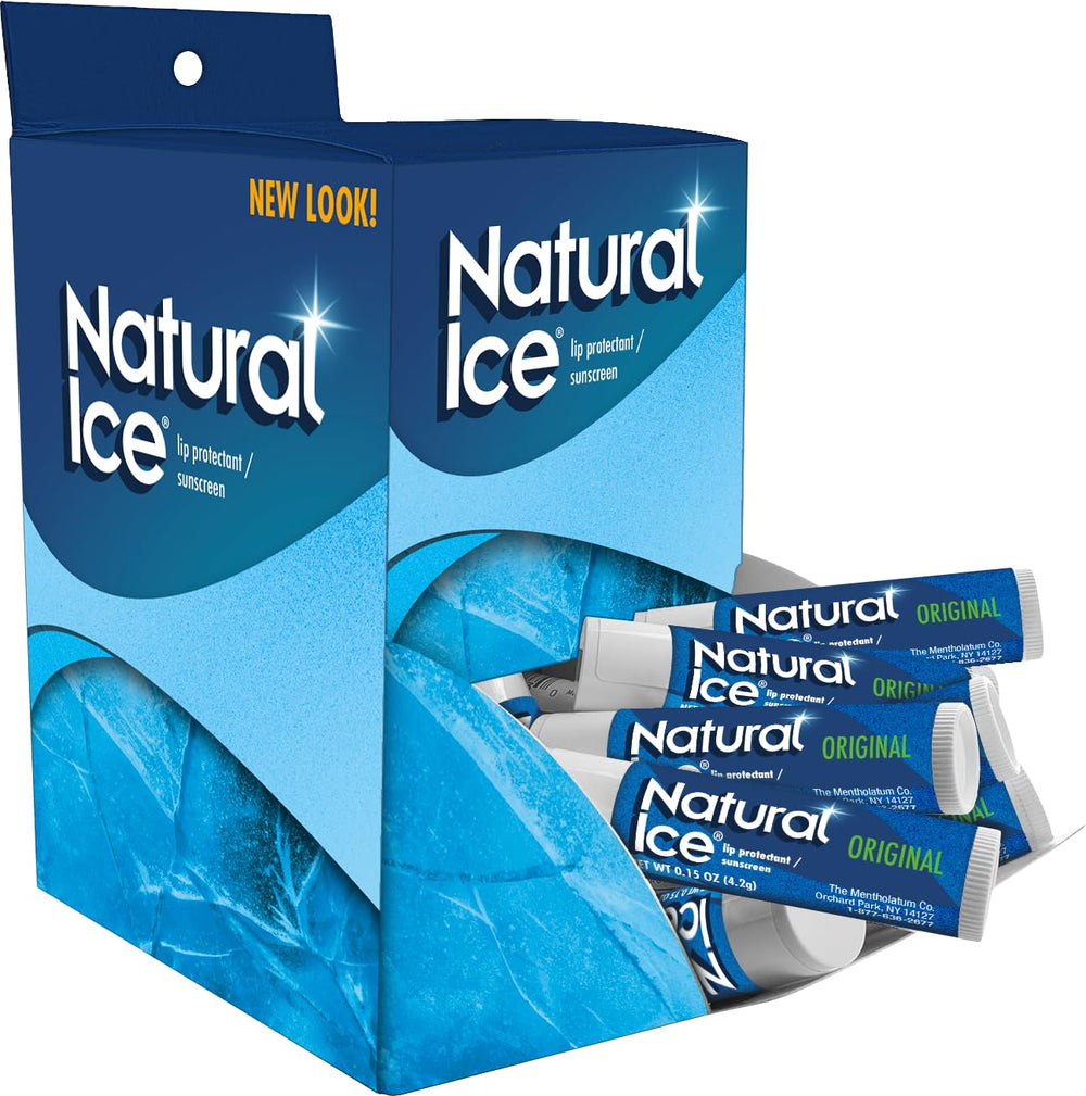 Natural Ice lip balm original tube close-up with SPF 15 protection for lips.