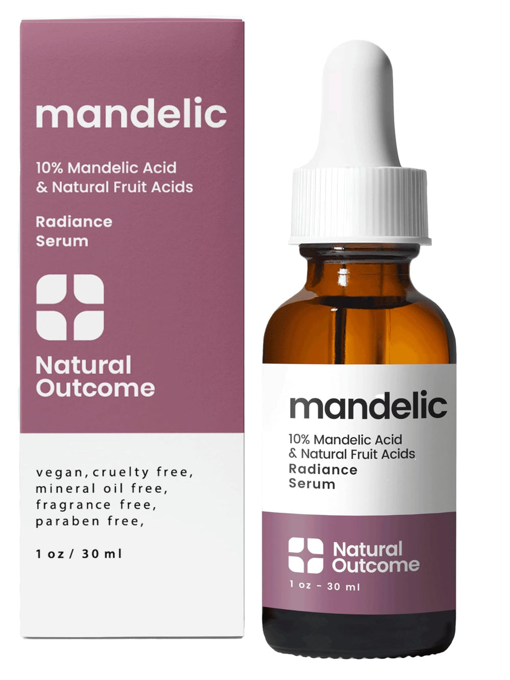 Natural Outcome Mandelic Acid Serum 10% bottle promotes radiant renewal.