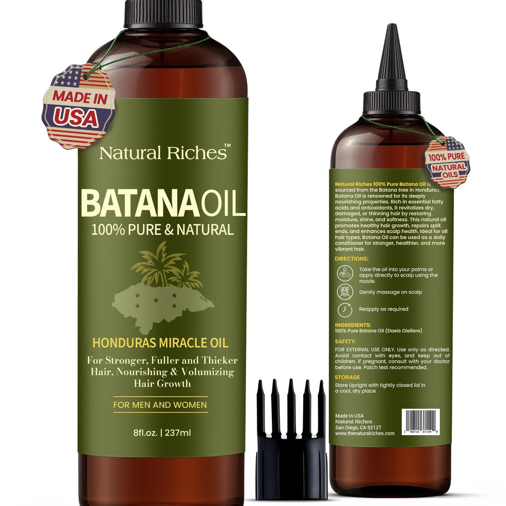 Natural Riches Batana Oil bottle highlights pure formula for hair nourishment.