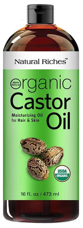 Natural Riches castor oil bottle amber for pure skin nourishment.