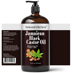 Natural Riches Jamaican Black Castor Oil label highlights organic, authentic Jamaican oil